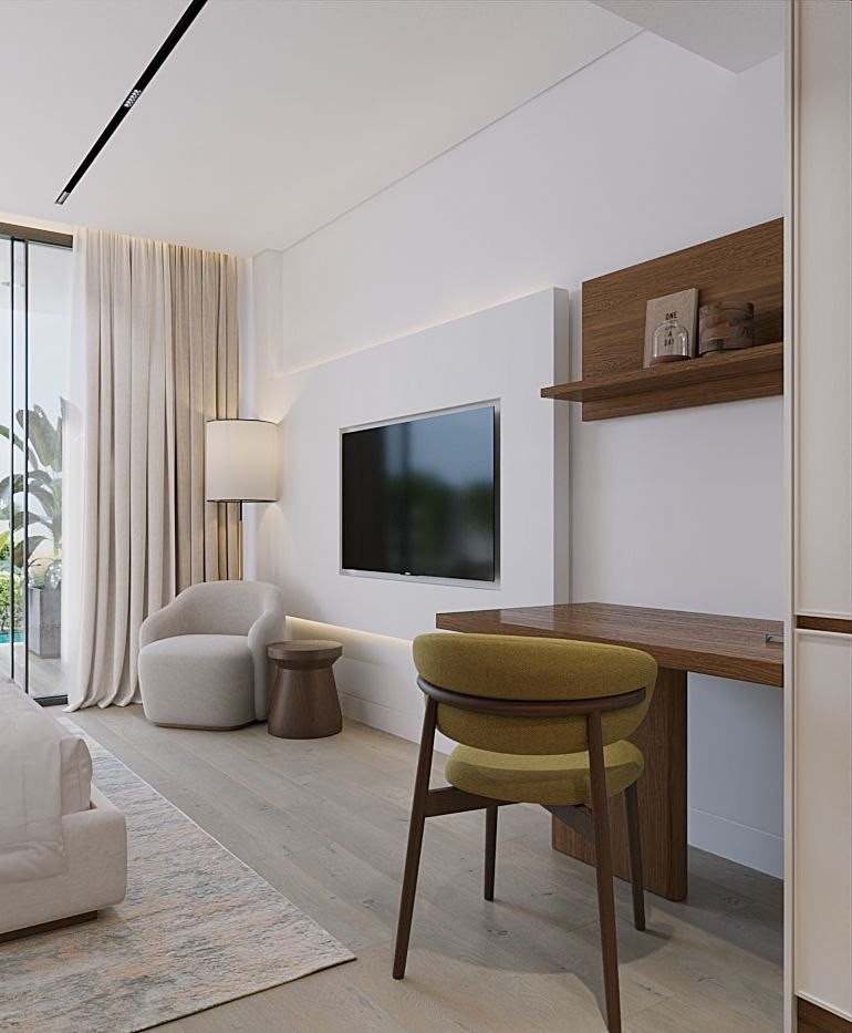 Living area with desk, 1-bedroom unit