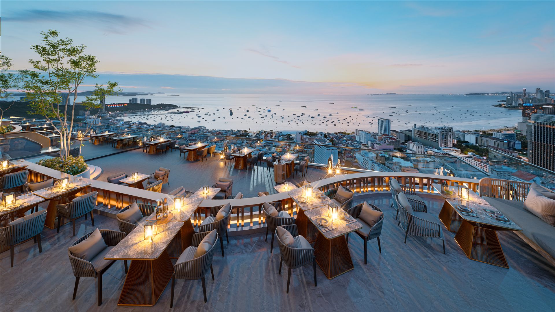 Rooftop lounge with bay views